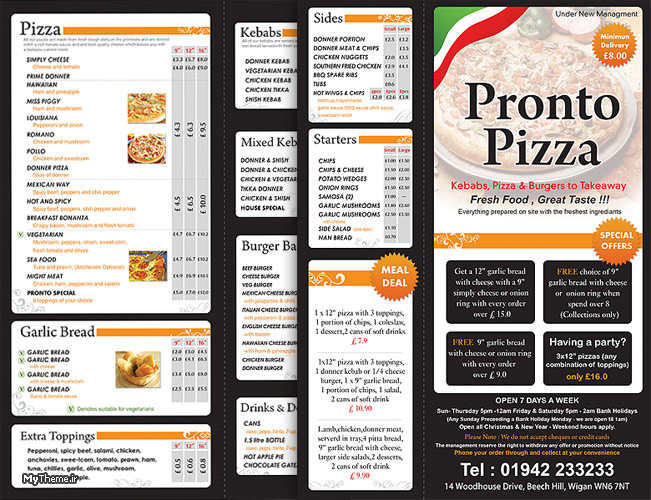 منوي غذاي Pronto Pizza - به صورت دو قسمت تا شو - سايز: A4 دو رو